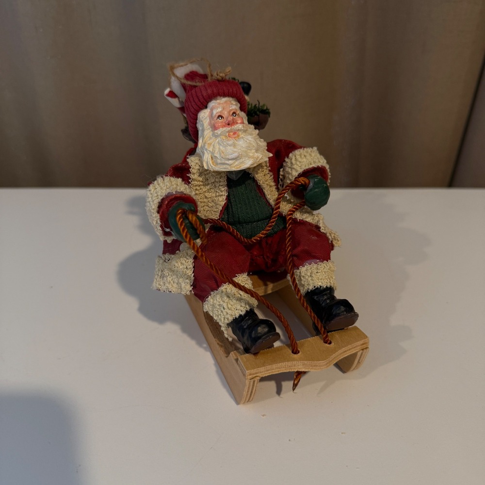 Vintage Style Santa Claus on Wooden Sled‎ Figurine Christmas Holiday Decor Red